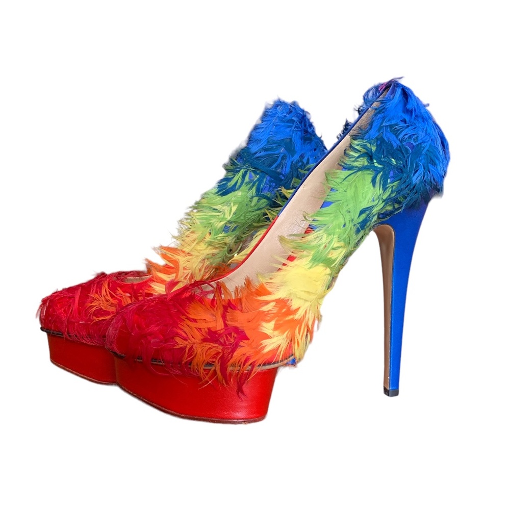 Charlotte Olympia Dolly Rainbow Feathered Pump